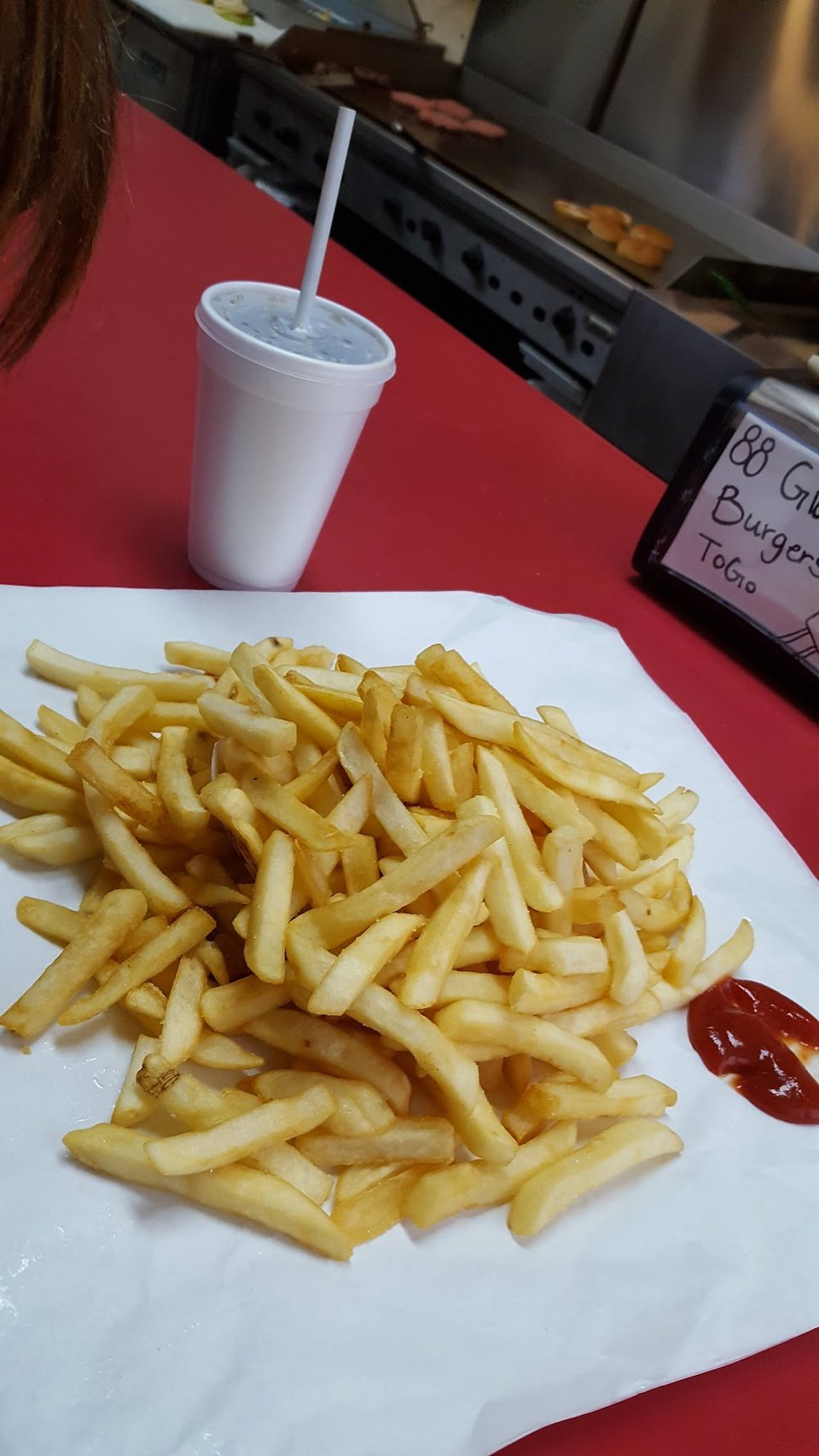 Simple menu for hot burgers and cold shakes.